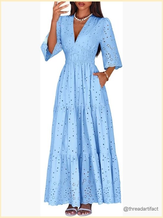 Dresses & Skirts - Long Sleeve V Neck Eyelet Ruffle Swing A-Line Boho Maxi Dress